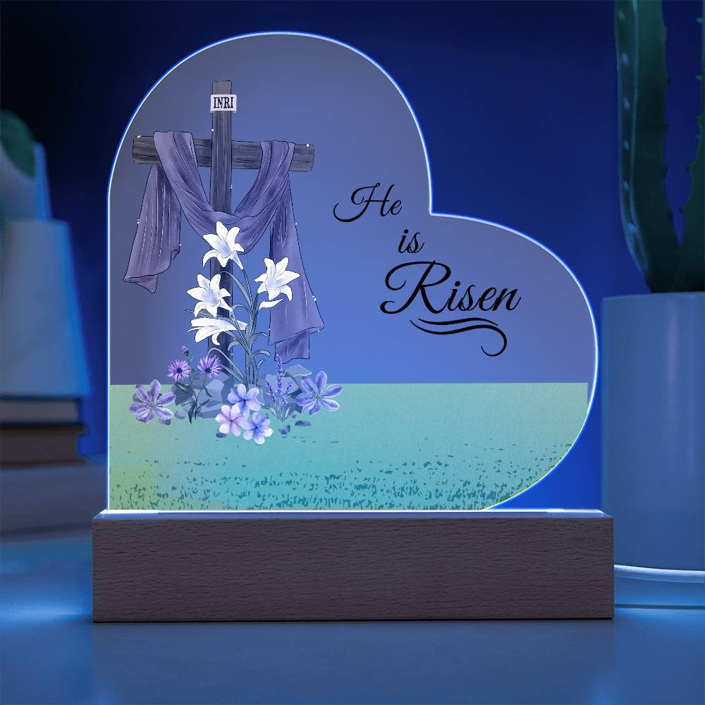 Christian Heart Acrylic | He Is Risen | INRI Cross | Easter Plaque | With Base